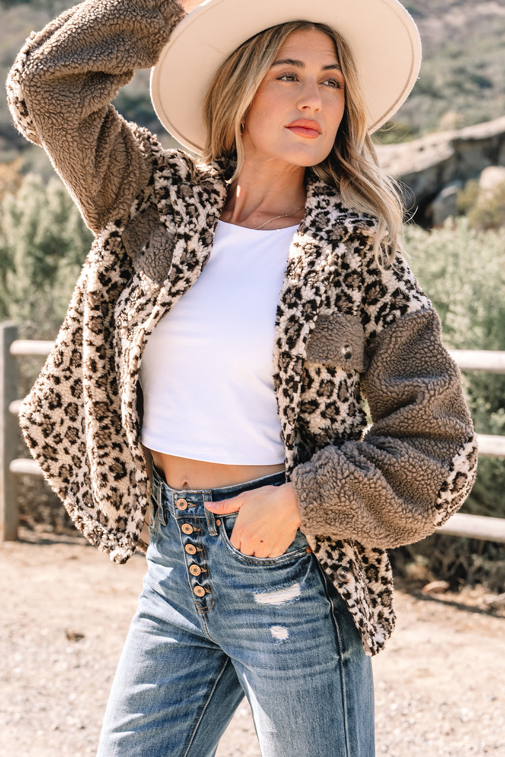 Brown Sherpa Leopard Print Flap Pocket Collared Button Up Jacket With Plush Lining For Winter Warmth Dear-Lover Dropshipping